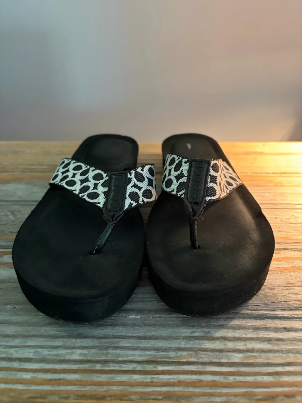 Coach Black Flip Flop Sandals with White Patterned Straps - Picture 2 of 4